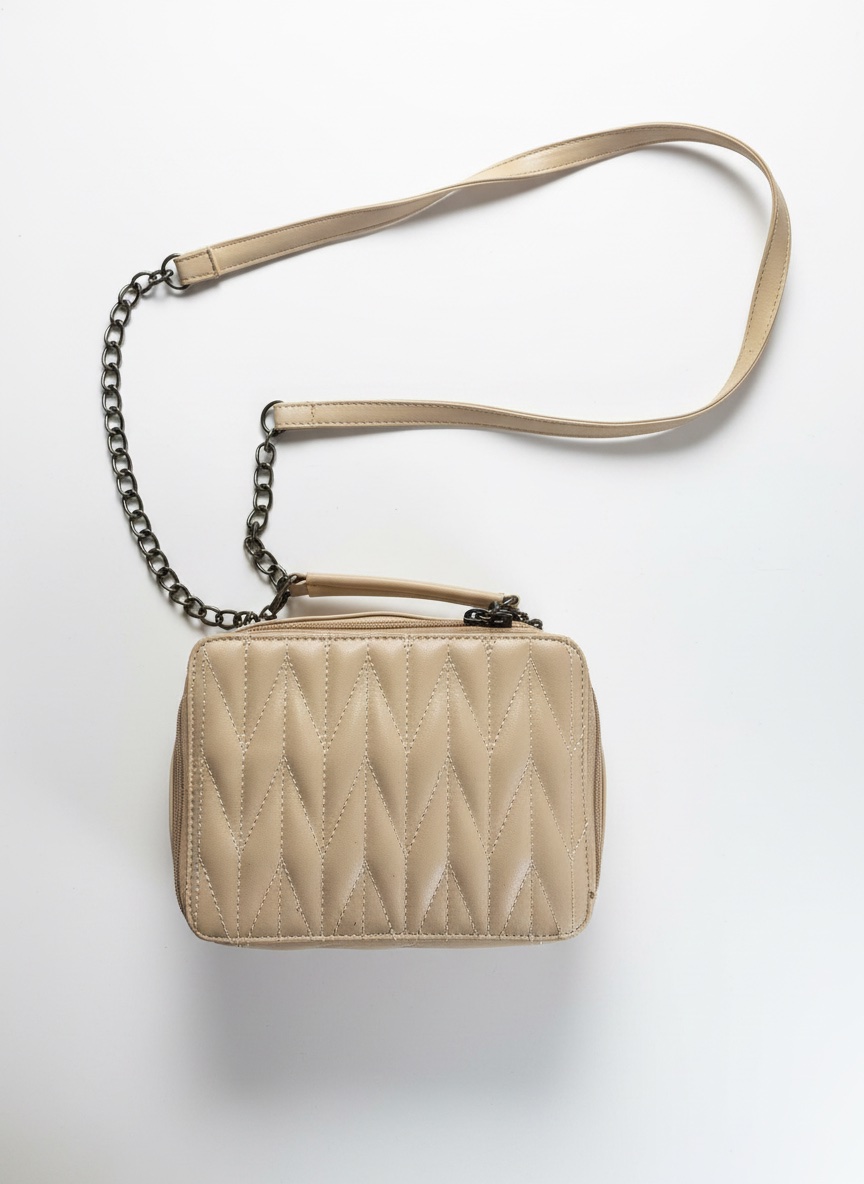 Chic Beige Quilted Crossbody Bag with Elegant Gunmetal Chain Strap