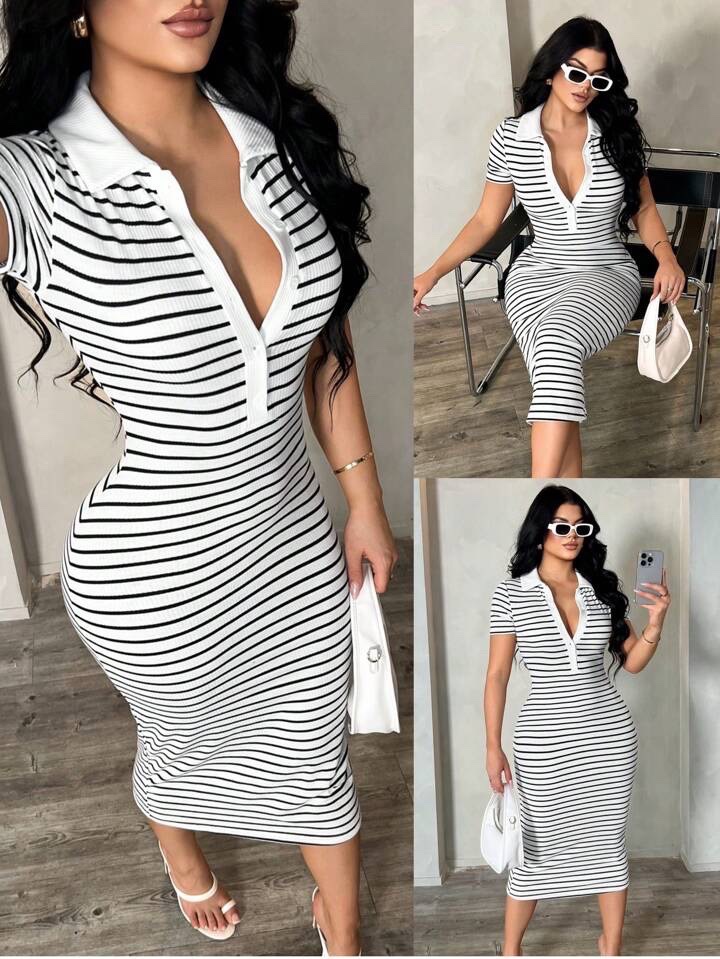 Robe longue côtelée beige à col polo H&M