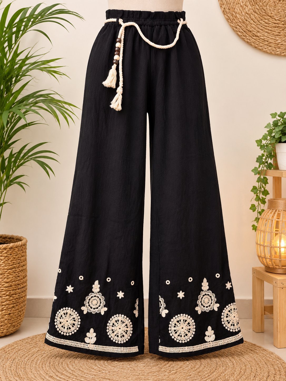 Pantalon large style bohème Joyna Paris avec broderies – S/M