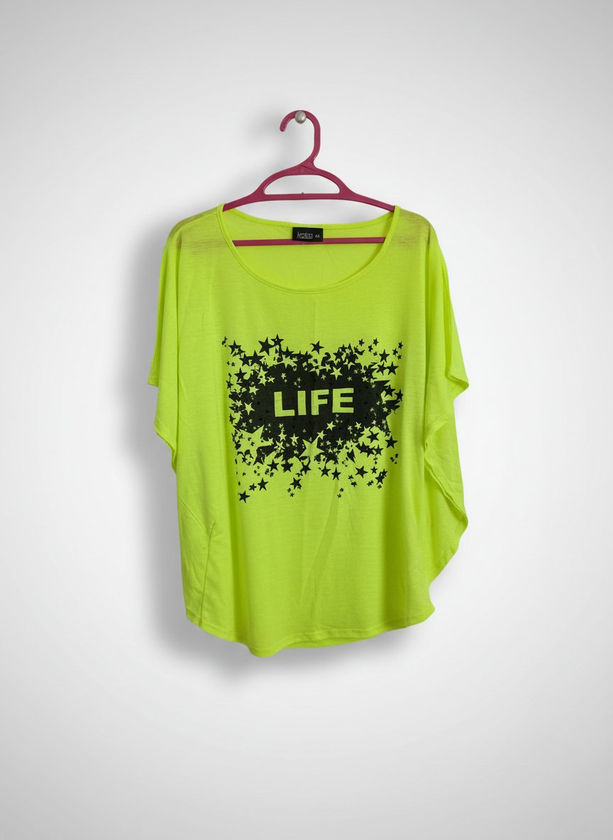 T-shirt fluide vert fluo Janina motif "LIFE" & étoiles - Taille 44