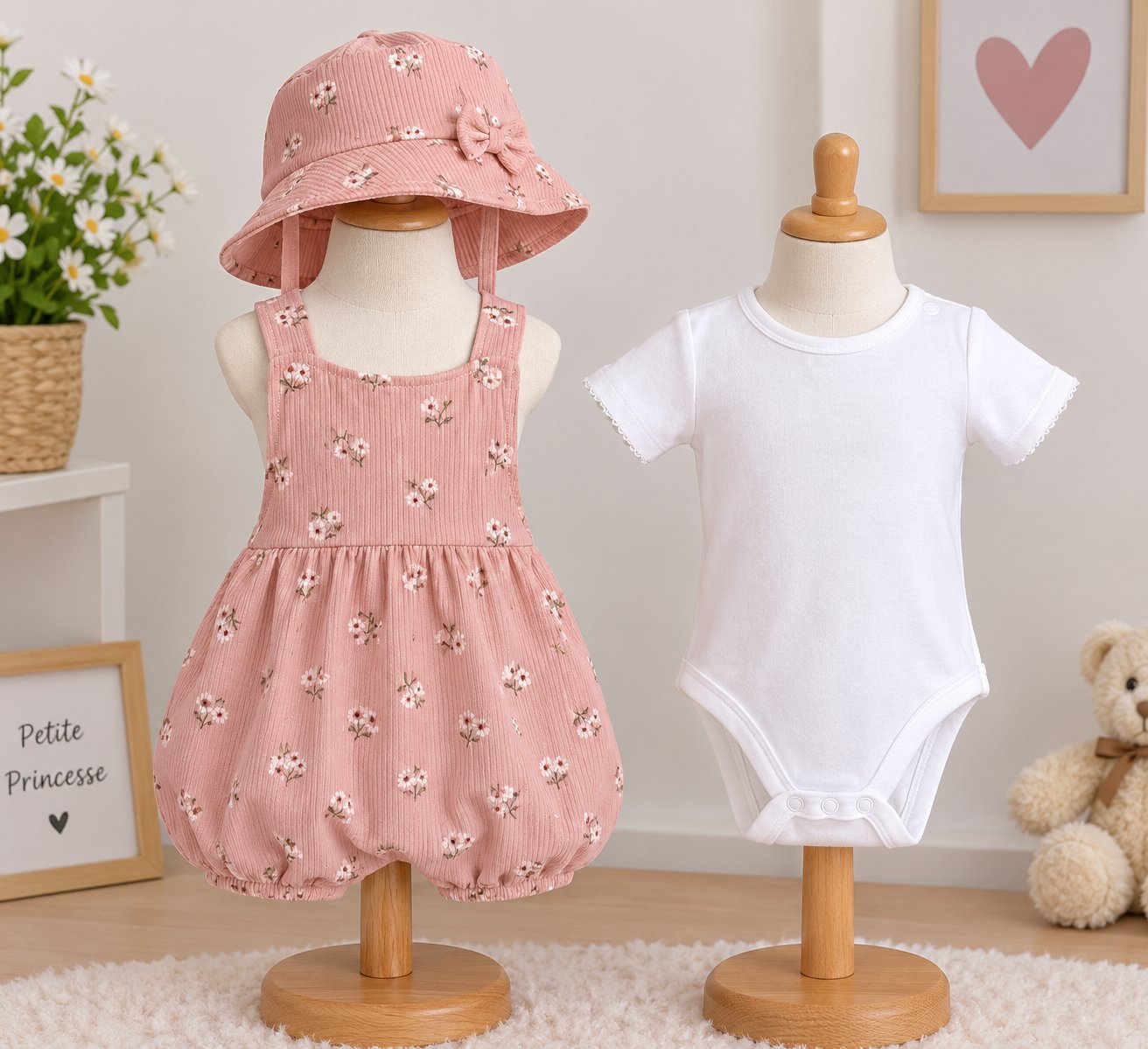 Ensemble 3 pièces bébé fille de la marque C&A fleurie rose en velours côtelé, chapeau assorti, et body blanc à manches courtes,Taille 68 cm (3-6 mois),Neuf avec étiquette. 