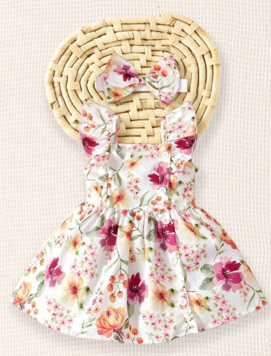 Robe fille fleurie 3 mois avec nœud assorti - Très bon état (Portée 1 seule fois)