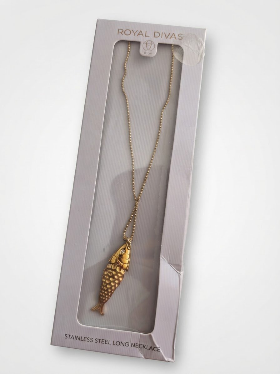 Sautoir / Collier long en acier inoxydable avec pendentif poisson – ROYAL DIVAS (Neuf)