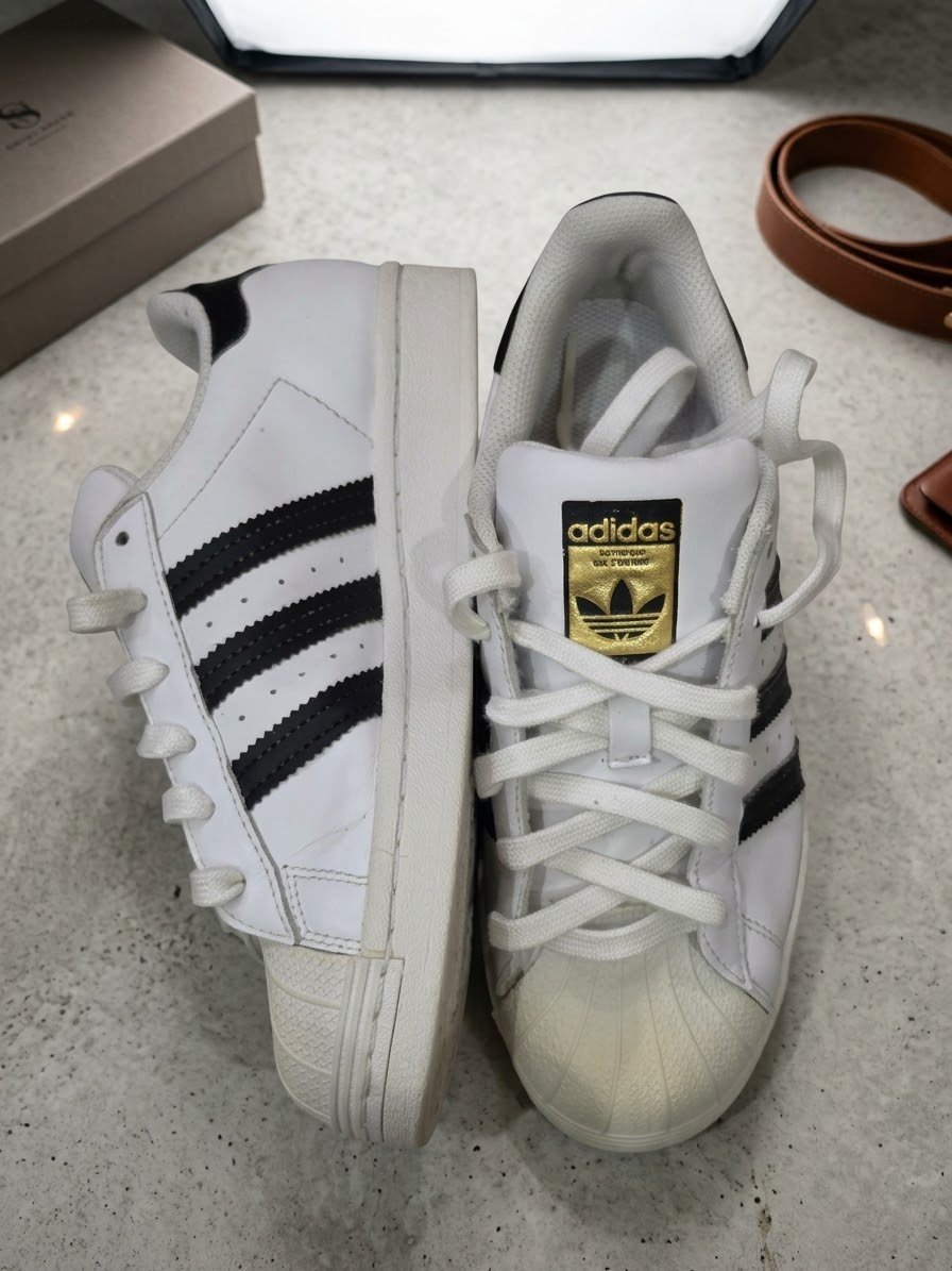 Adidas Superstar blanc avec bandes noires et logo doré sur la languette pointure 36