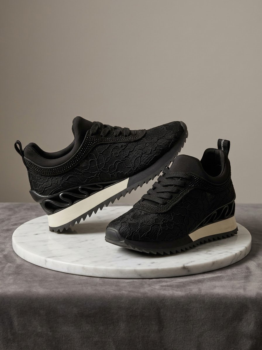 Baskets Noires en Dentelle & Strass - Pointure 36 