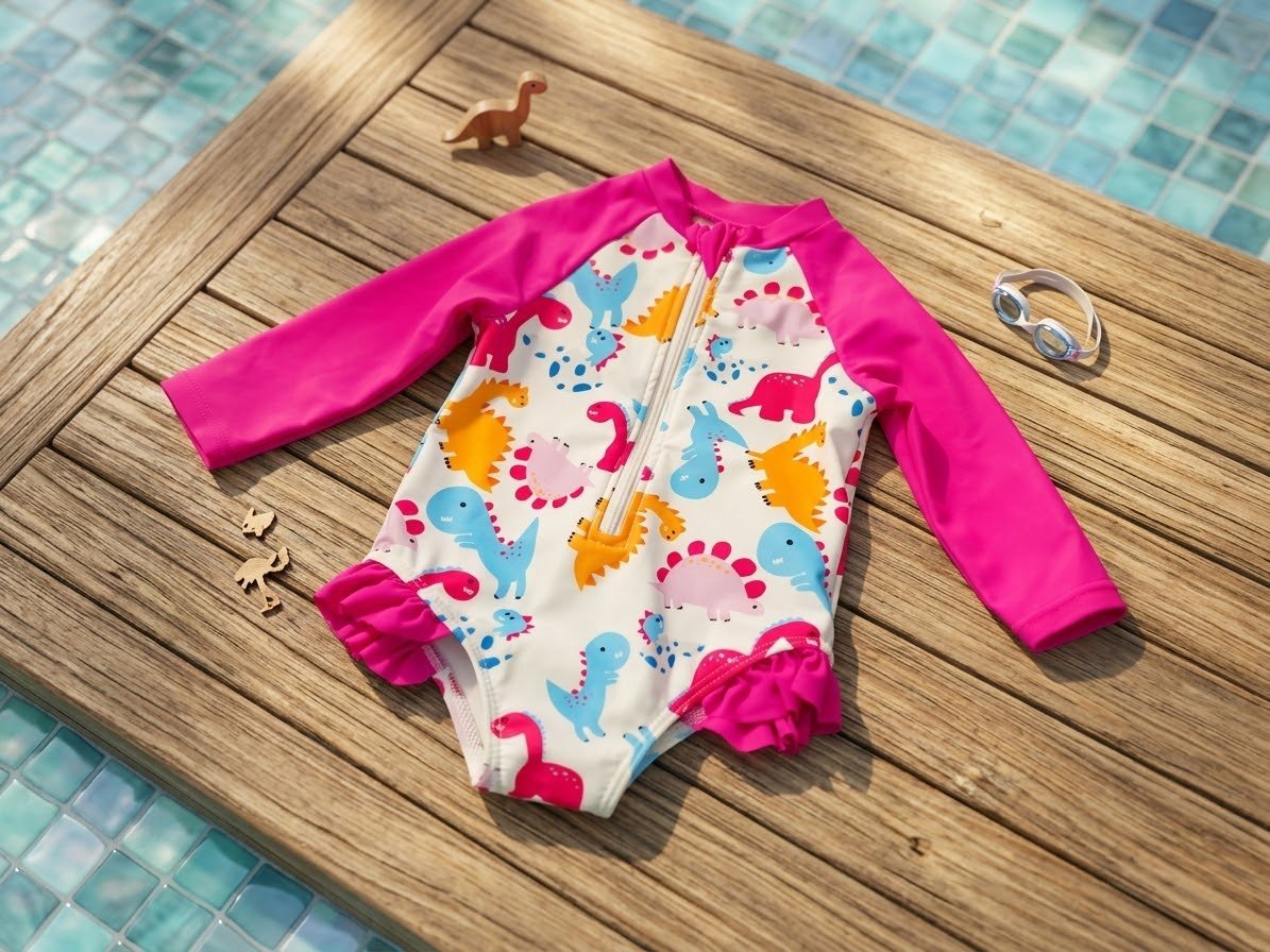 Maillot de bain fille anti-UV à manches longues dinosaures porté 1 seule fois