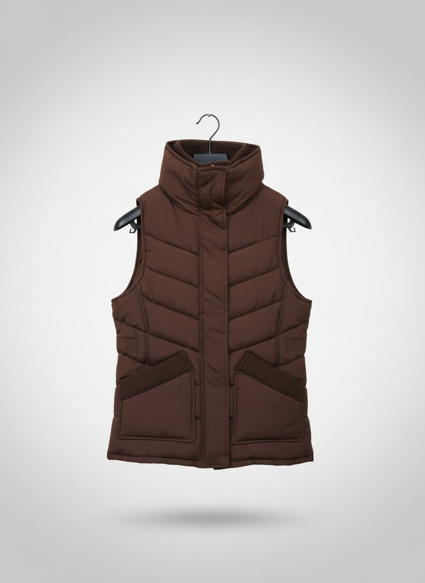 Doudoune sans manches de la marque VENCA matelassée de couleur marron foncé se caractérise par un col montant et une fermeture éclair dissimulée. Taille 34/36