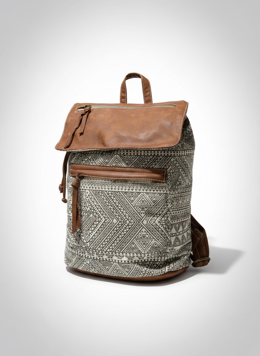 Sac à dos motif aztèque écru/marron avec rabat en simili-cuir