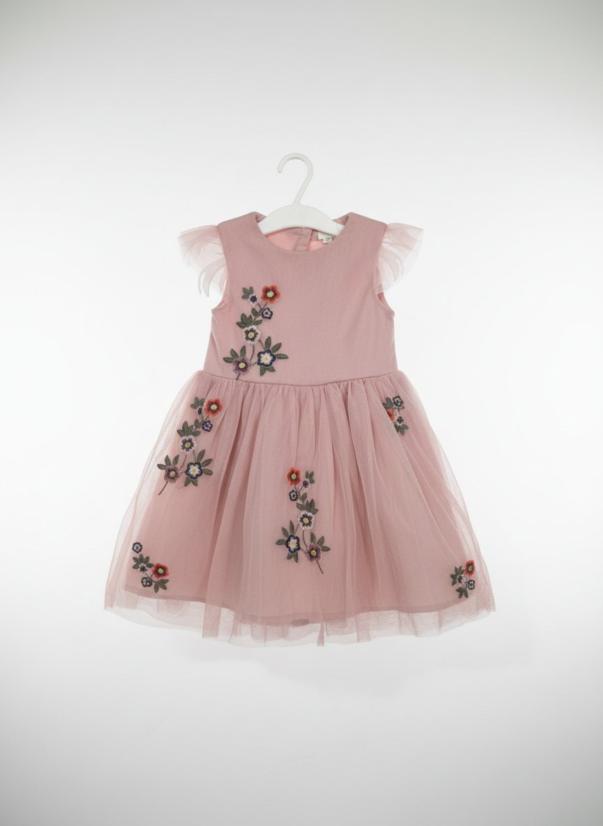 Robe en tule rose avec des fleurs brodées 