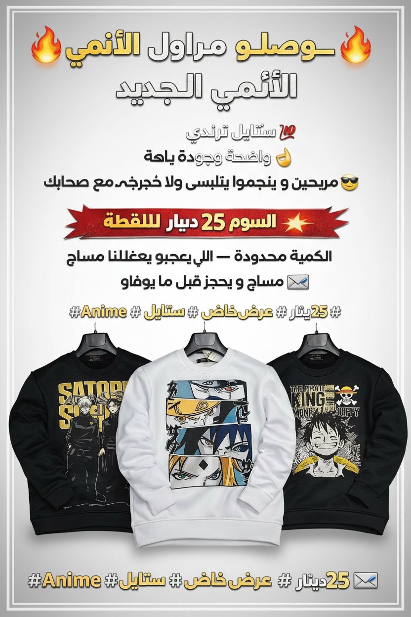 🔥 وصلو مراول الأنمي الجديد 🔥 ستايل ترندي 💯 طباعة واضحة وجودة باهية 👌 مريحين و ينجموا يتلبسو يومي ولا خرجة مع صحابك 😎 💥 السوم 25 دينار برك للقطعة 💥 الكمية محدودة — اللي يعجبو يبعثلنا مساج و يحجز قبل ما يوفاو 📩 #Anime #ستايل #عرض_خاص #25دينار