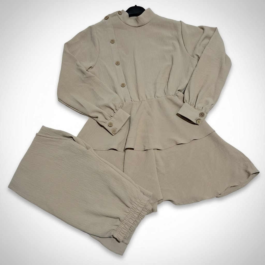 Un ensemble chemise et pantalon beige très élégant.