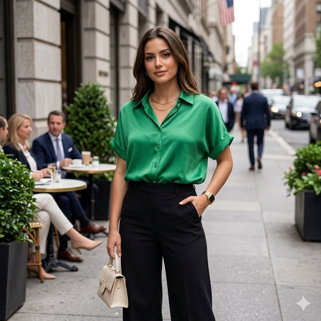 Chemise satinée vert  – Coupe décontractée – Taille L – Style chic et moderne