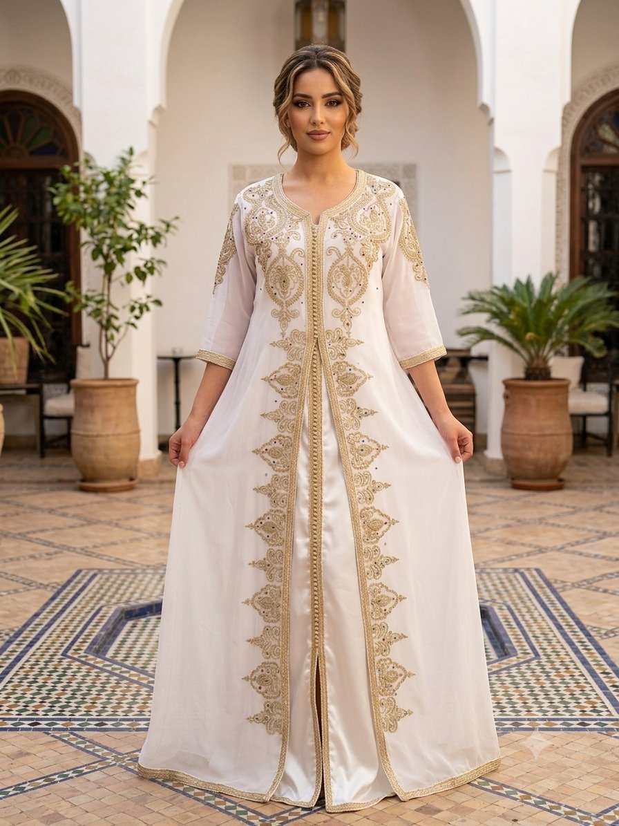 ​✨ Sublime Caftan Deux Pièces – Blanc & Broderies Dorées Prestige ✨