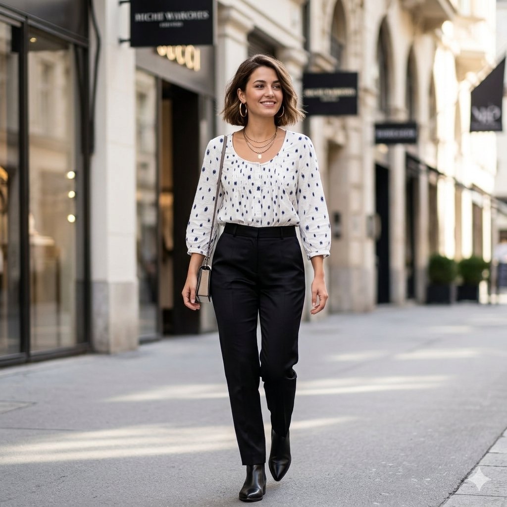 Blouse blanche à motifs bleus – Détails brodés – Taille M/L – Style chic et décontracté