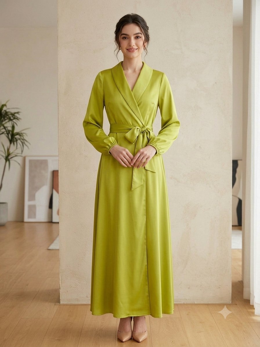 🔥Robe cache-cœur élégante – Vert pistache satiné – Coupe fluide et chic💚