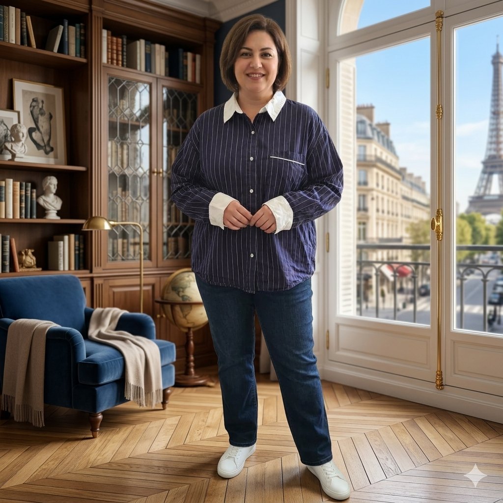 Chemise rayée bleu marine et blanc – Style chic et décontracté – Taille XL
