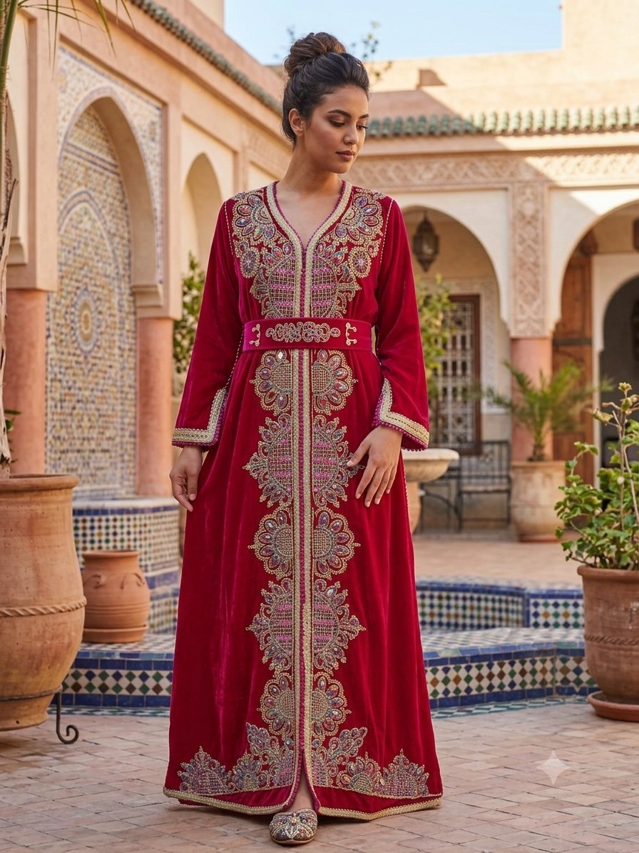 Kaftan en Velours Rouge Cerise avec Ceinture Assortie