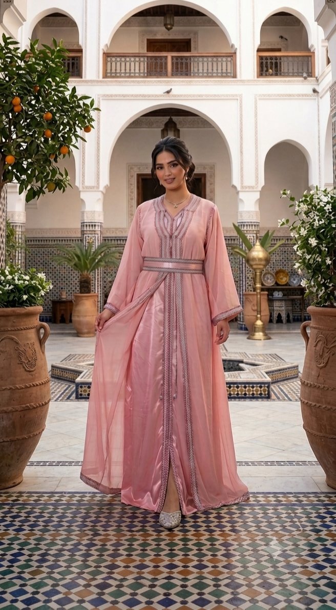 ​✨ Magnifique Kaftan Trois Pièces – Rose Poudré & Détails Argentés ✨