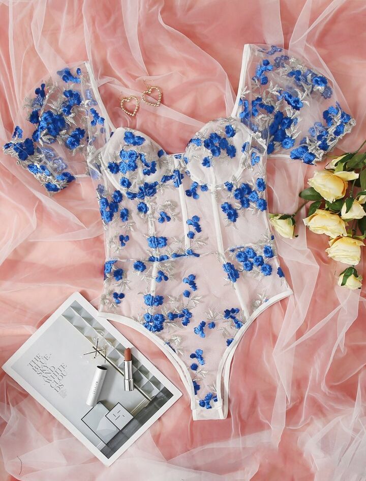 Body de Lingerie en tulle avec broderie florale 💙 taille M
