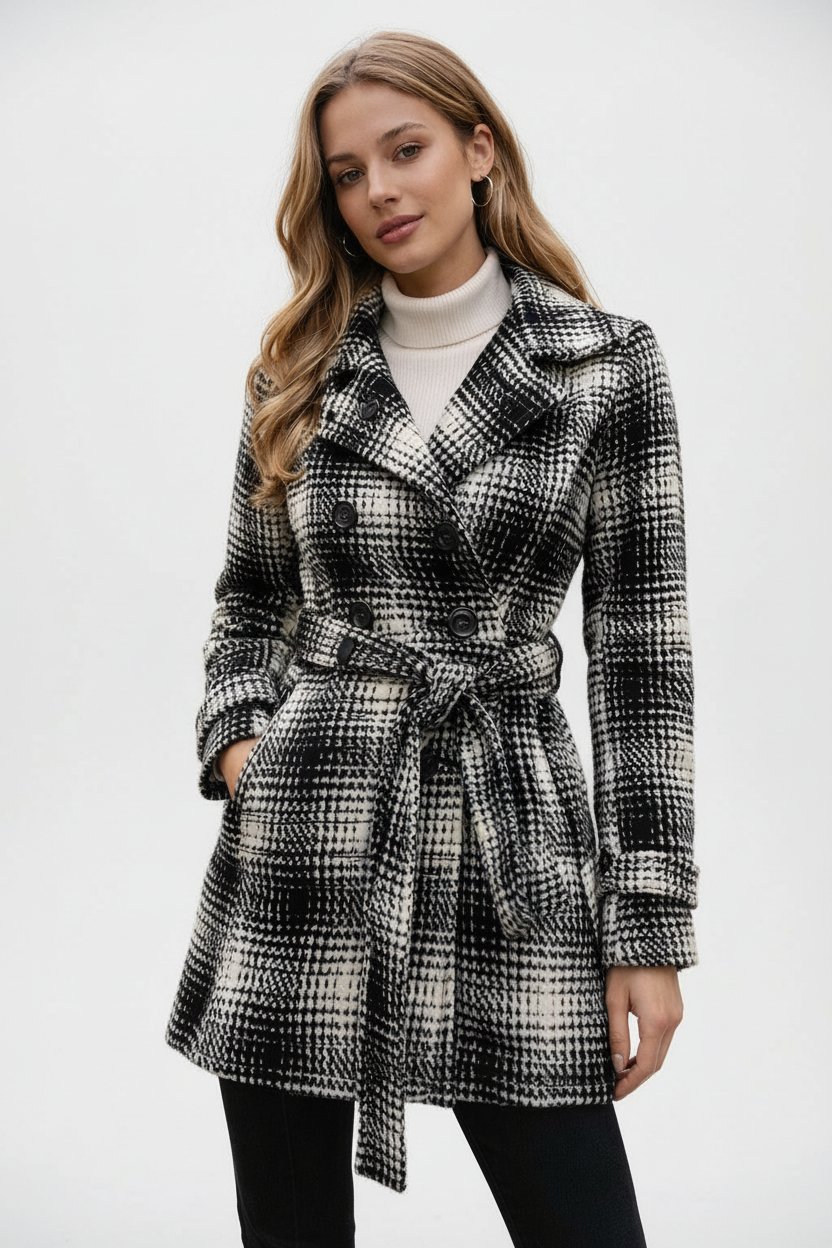 ✨ Manteau élégant style parisien à carreaux noir et blanc, coupe cintrée qui met en valeur la silhouette ✨