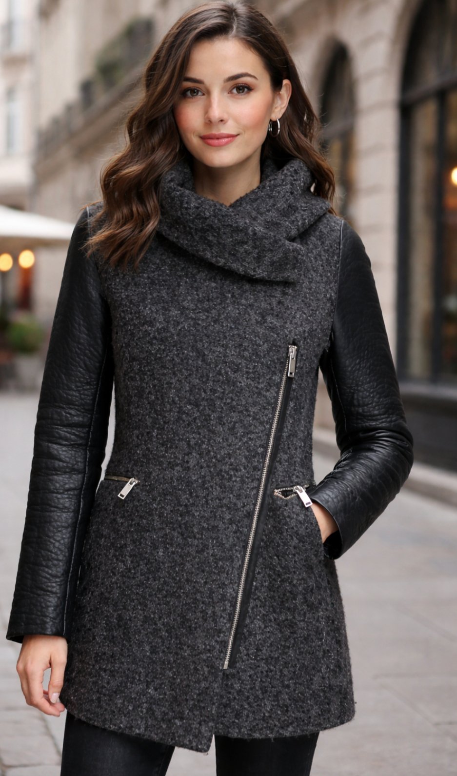 Veste femme Pull & Bear à manches en similicuir et corps en tissu lainé gris foncé.🎩💎
