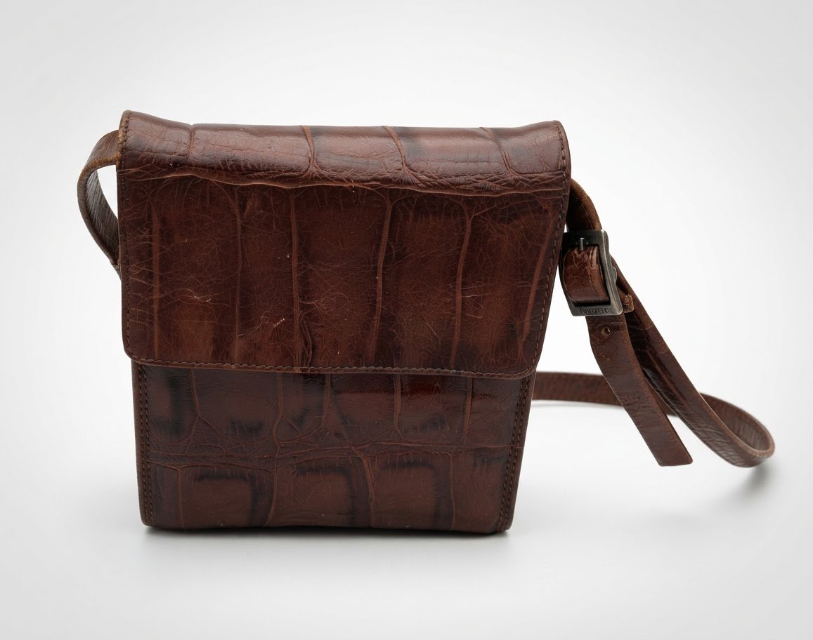 Un sac à bandoulière en cuir marron avec un embossage effet crocodile 🐊de la marque italienne Nicoli.