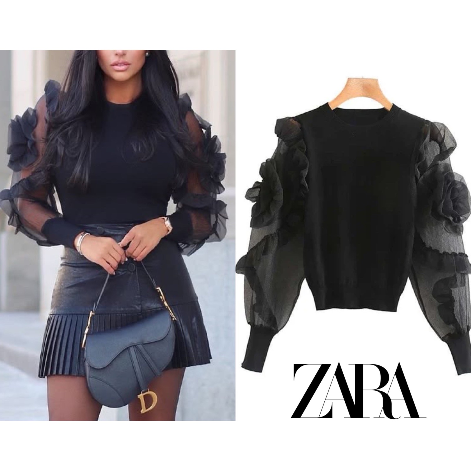 Zara pull noir en maille fine à manches bouffantes