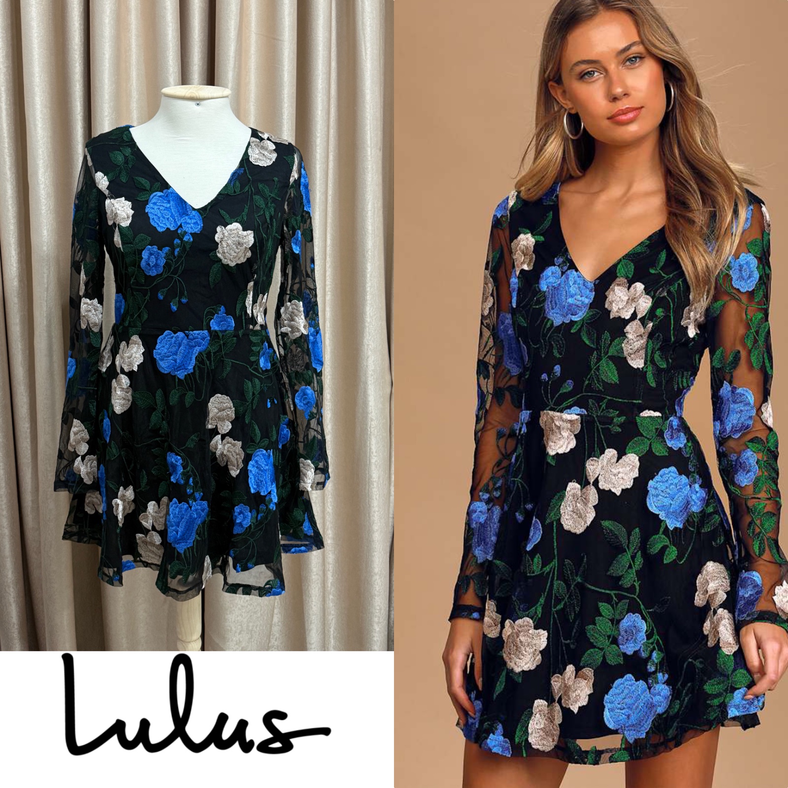 Robe patineuse brodée à imprimé floral noir Sheer Luck