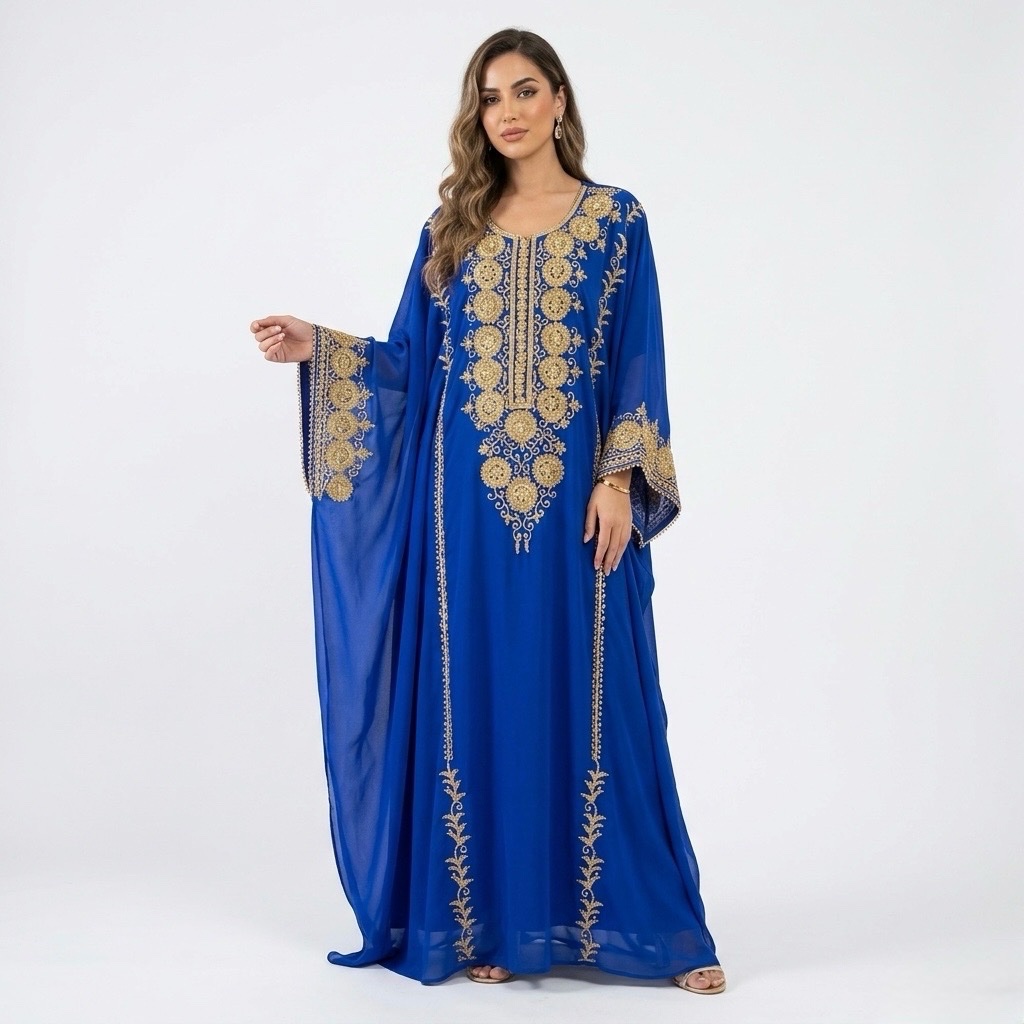 Indian kaftan en Mousseline bleu roi ( free size) 