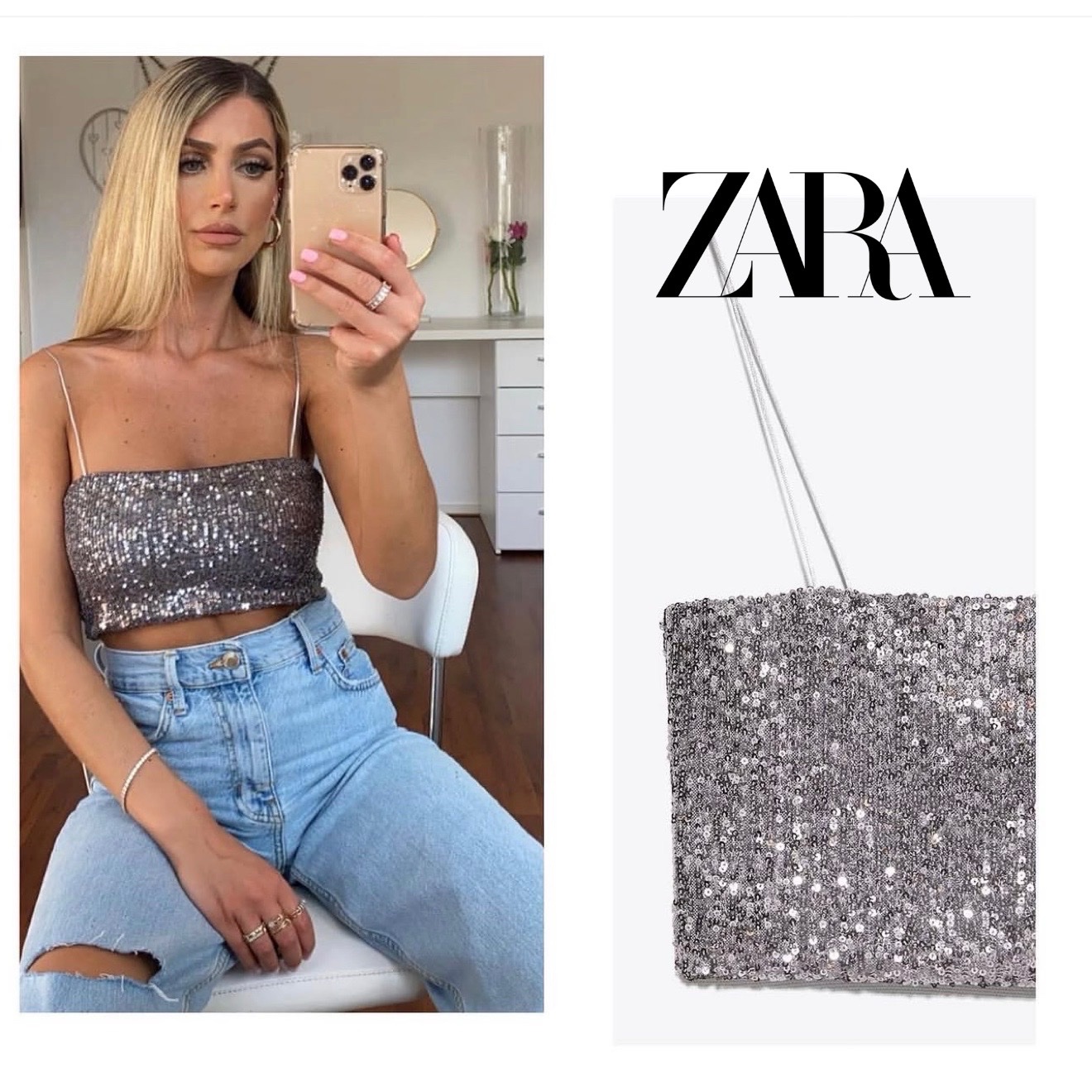 ZARA Haut tube à paillettes argentées