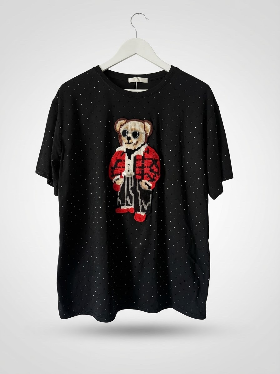 T-shirt Noir Strass & Écusson Ours
