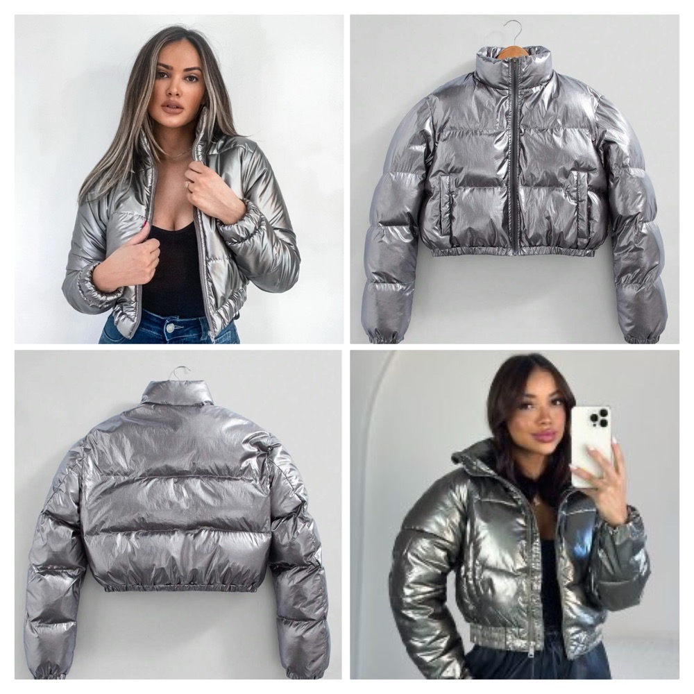 Veste d'hiver courte et brillante en argent métallisé