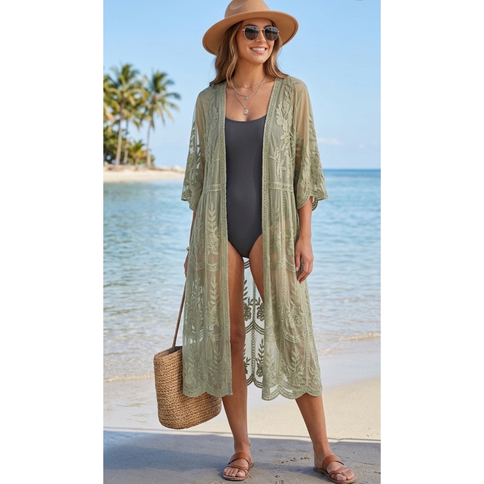 Kimono mi long en maille brodée de rachel zoe 