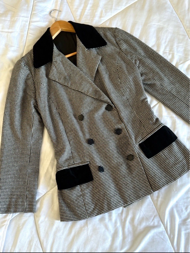 Veste Blazer Vintage Pied-de-Poule en Laine & Velours