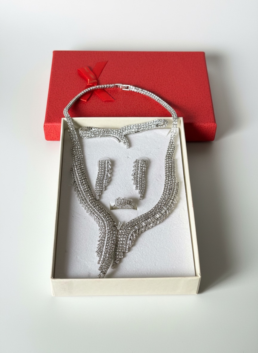 Parure complète de mariage/soirée 4 pièces (Collier, Bracelet, Boucles, Bague)