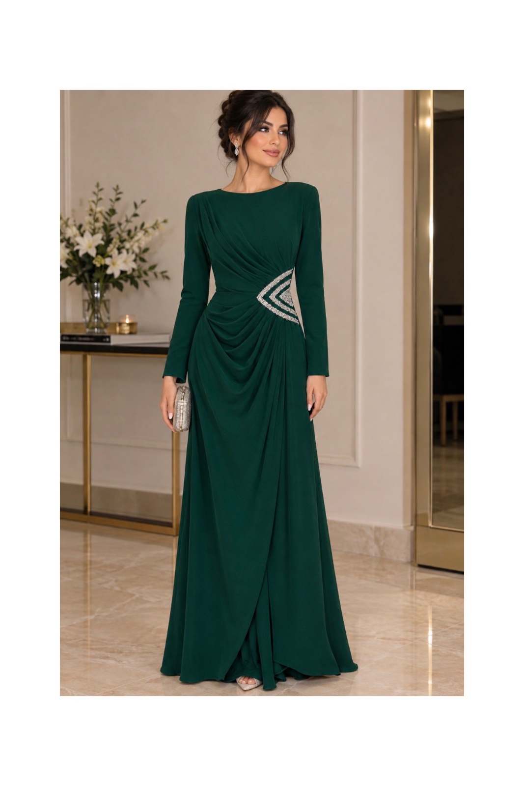 Magnifique robe longue de soirée vert sapin, élégante et raffinée,