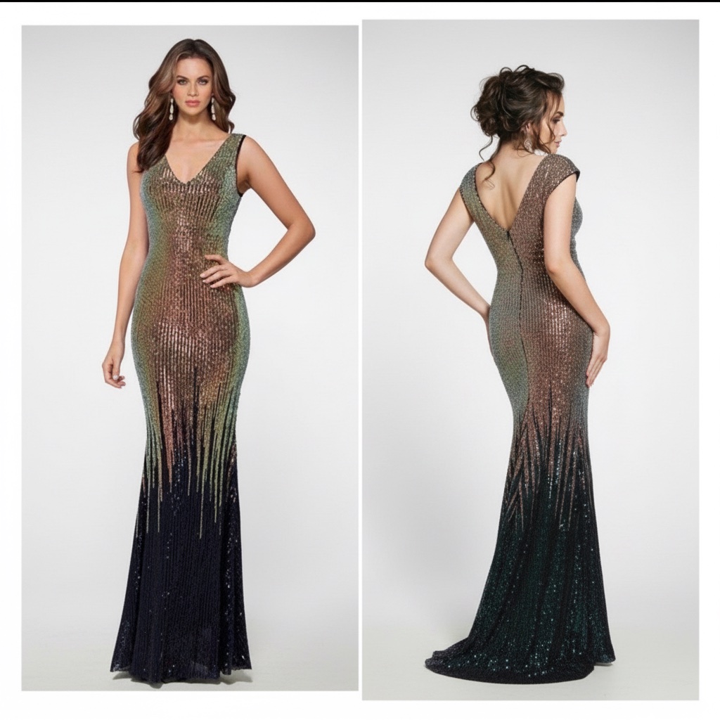 Robe de soirée sirène sans manches à col en V et paillettes