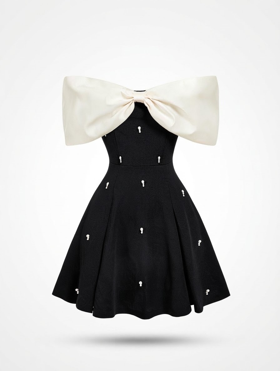 Robe de soirée chic bicolore (Noir & Beige) à perles
