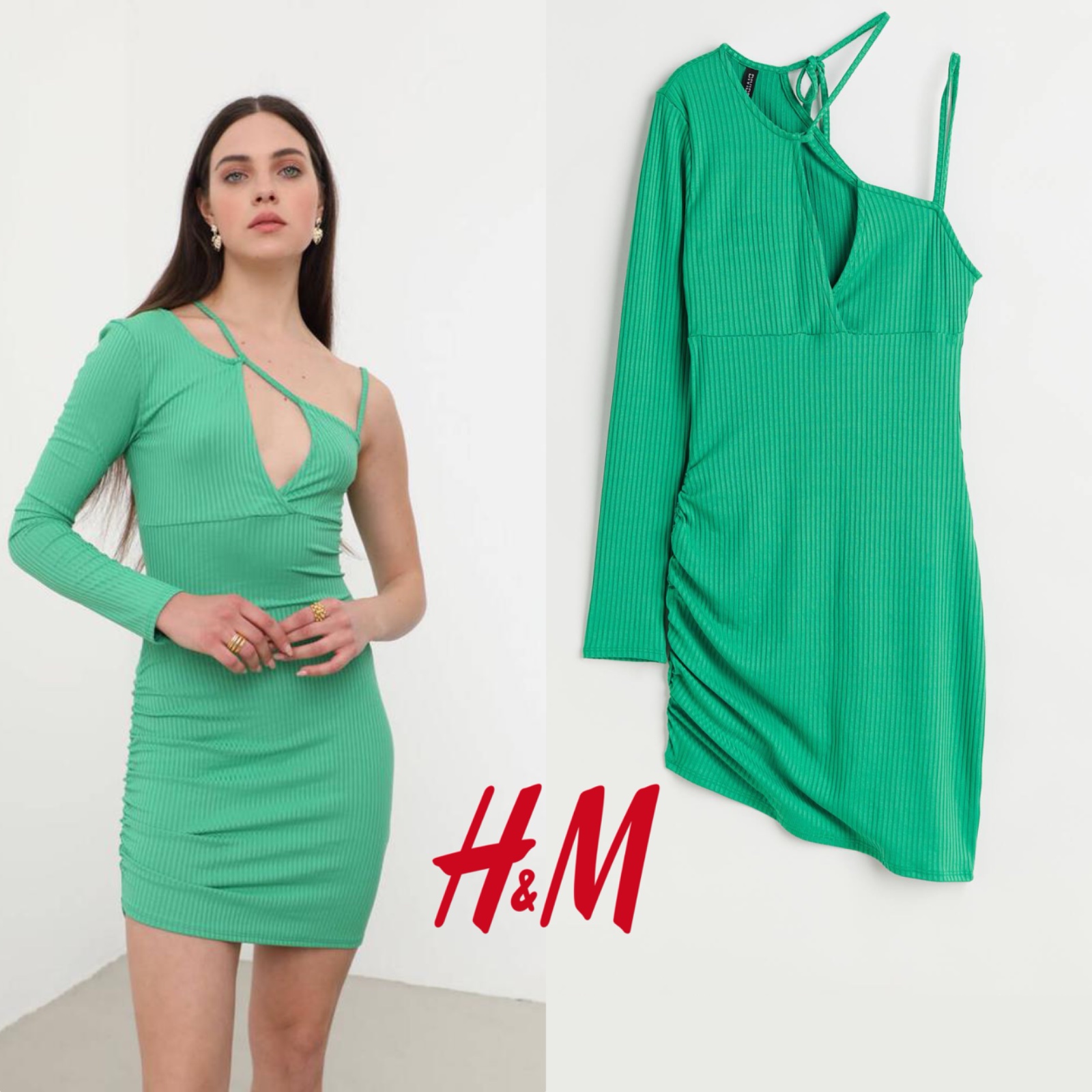 H&M ROBE ASYMÉTRIQUE Vert, Uni