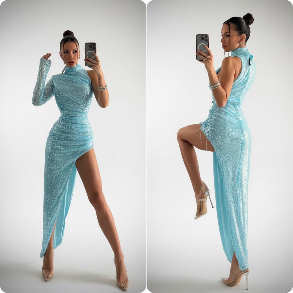Robe sexy effet pailleté bleu clair 