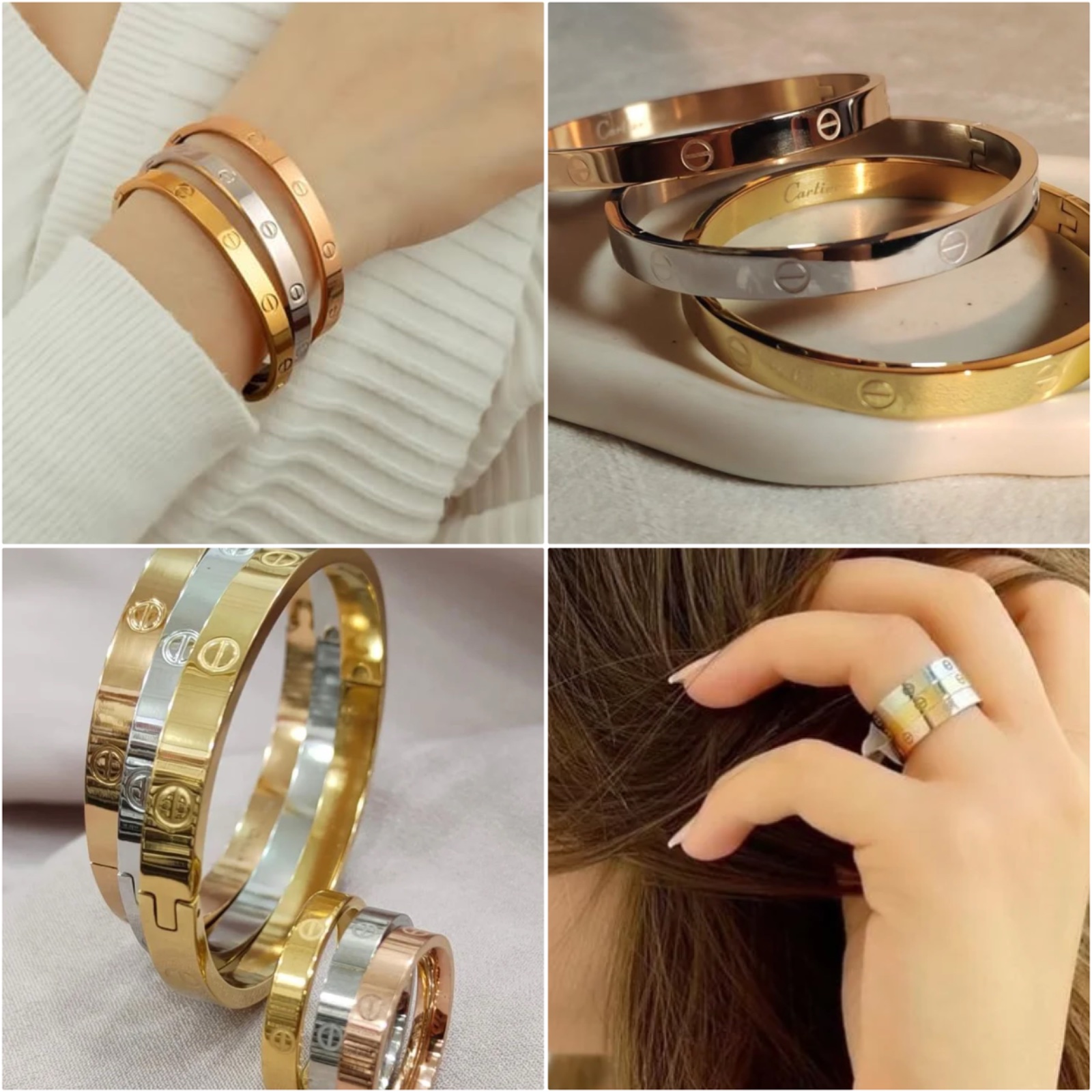 Ensemble Cartier Style – 3 Bracelets & 3 Bagues – Acier Inoxydable