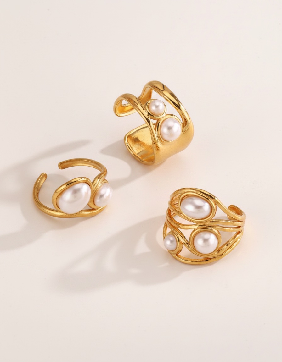 3 bagues avec perles Tendance en acier inoxydable