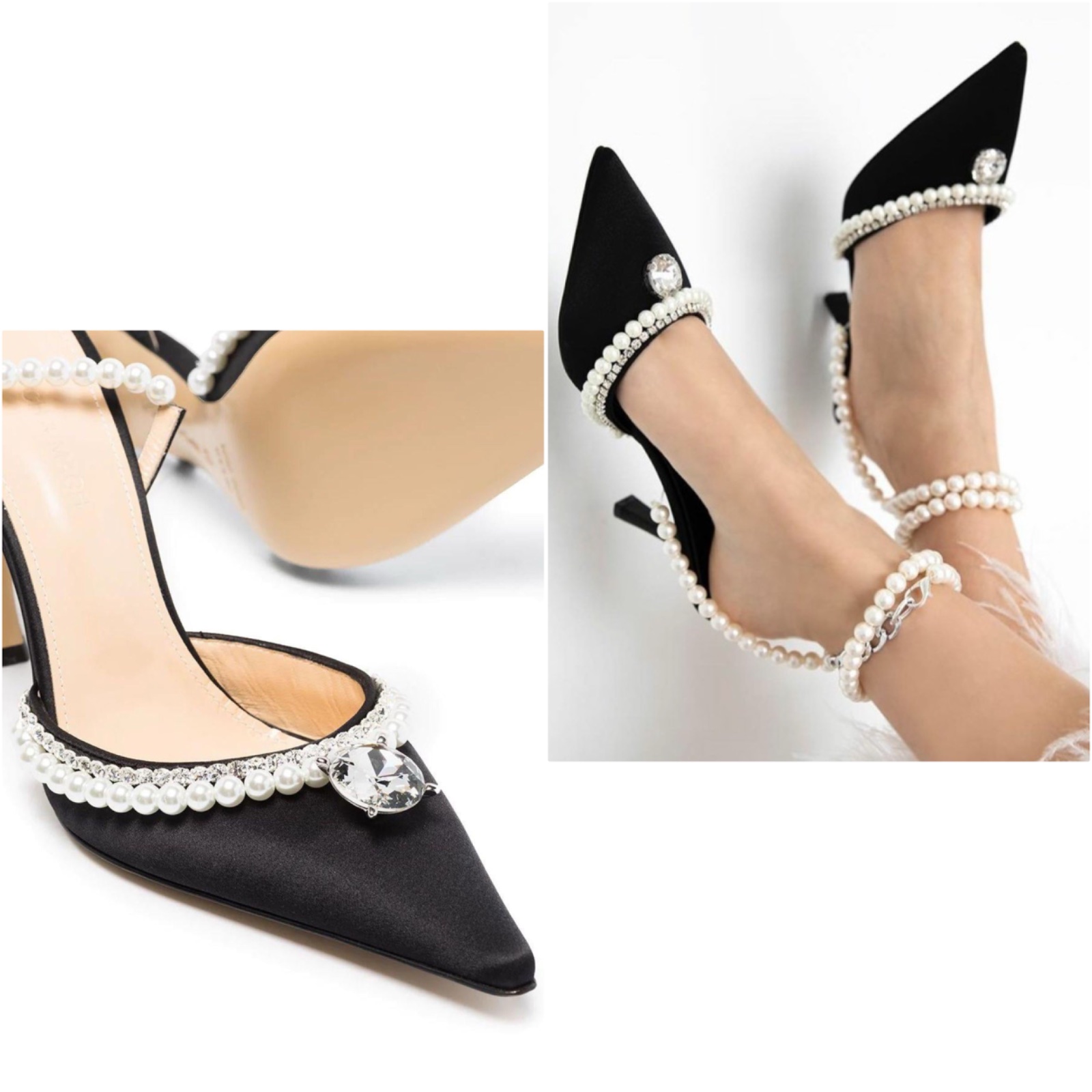 Escarpins en satin noir orné de perles