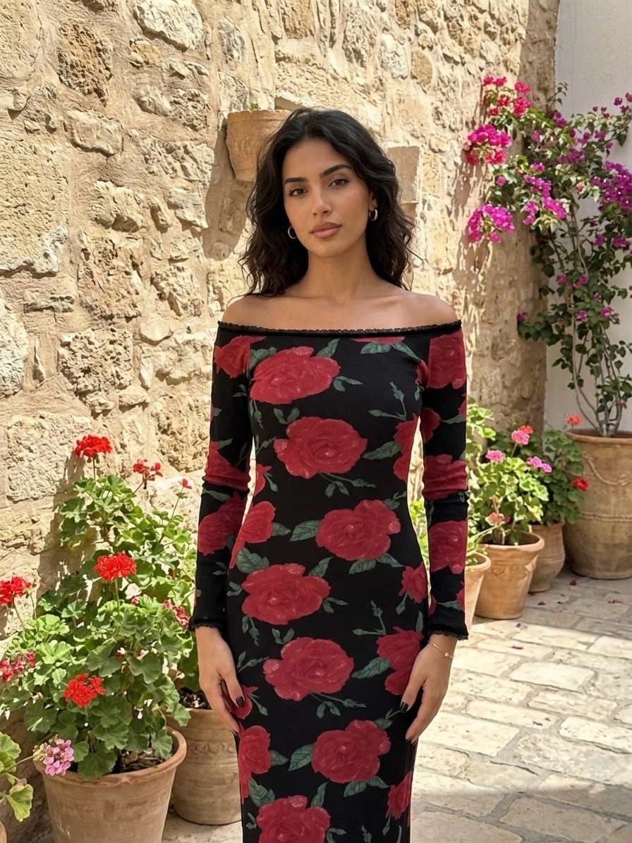 ROBE MI-longue Imprimé fleurs rouge 