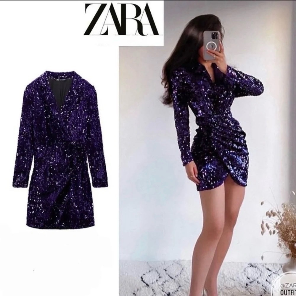 Zara Robe mini blazer froncée violette pailletée