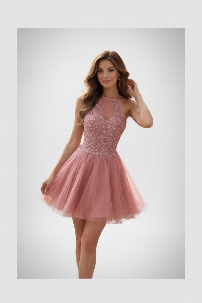 Robe princesse de Soirée Rose Poudré - Bustier Brodé & Dos Corset
