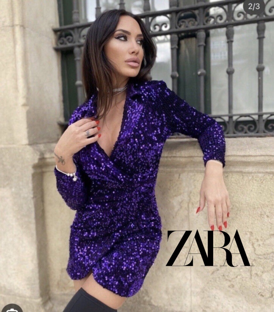 Zara Robe mini blazer froncée violette pailletée 