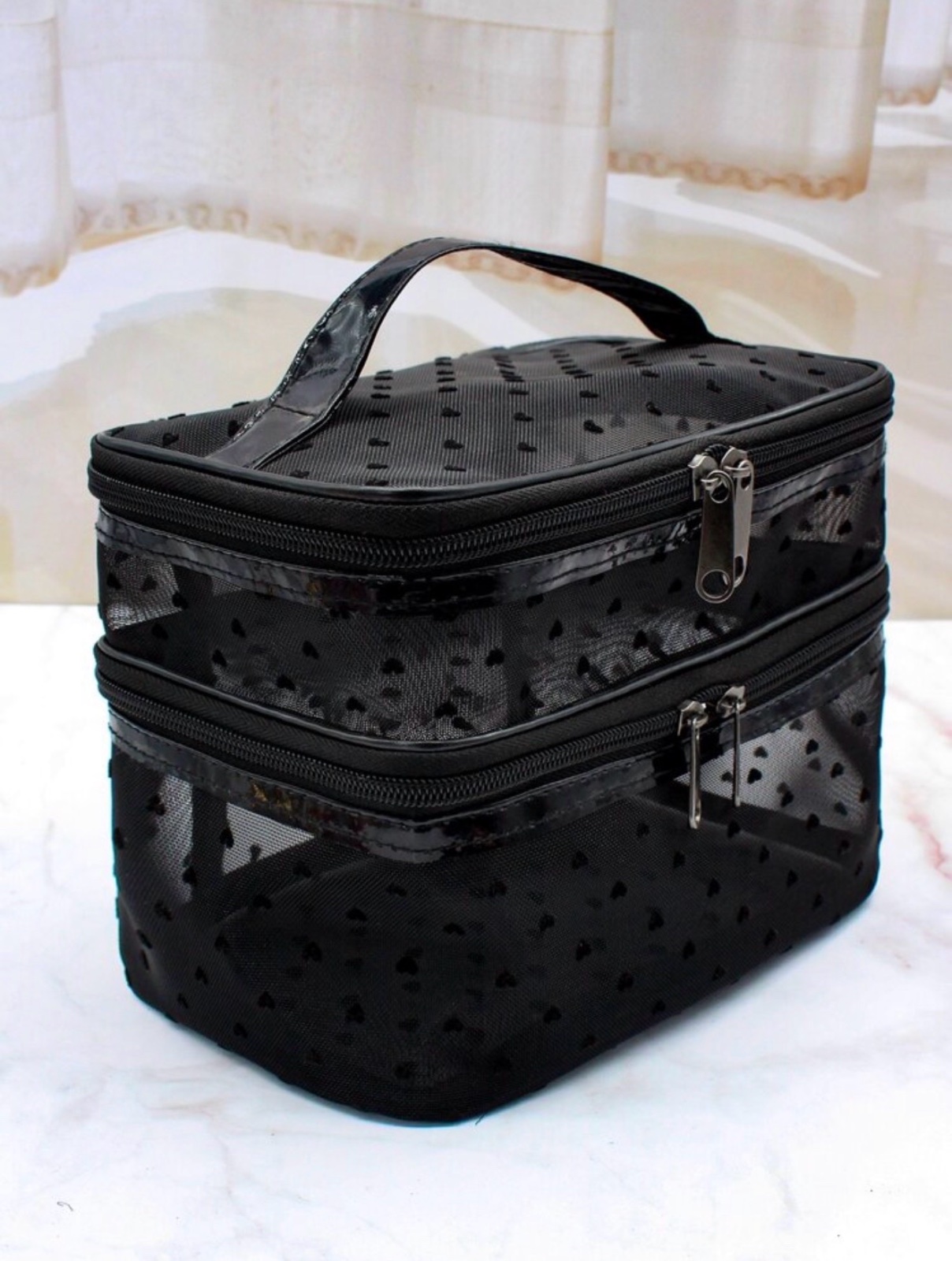 Trousse à Maquillage Double Compartiment en Mesh Noir