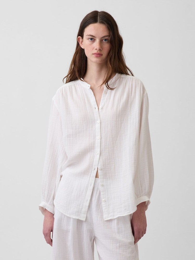 White Cotton Gauze Oversized Collarless Shirt