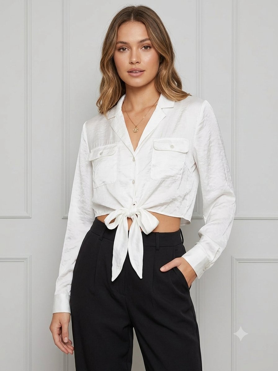 Chemise courte blanche satinée à nouer / Crop top manches longues 🌸